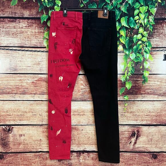 Kleep Jeans Mens 36x30 Chairo Skinny Straight Distressed Colorblock Red Black - Picture 4 of 6